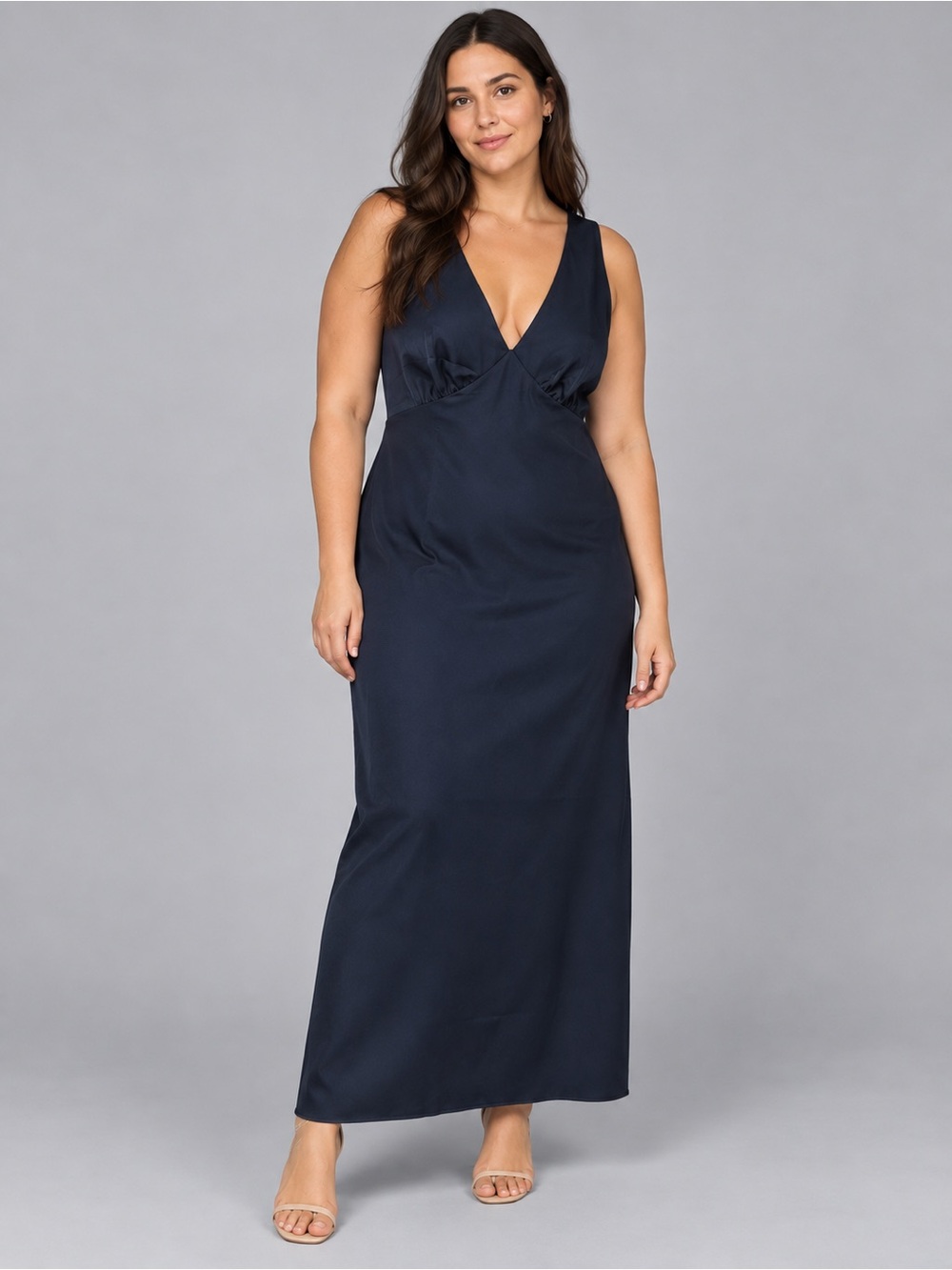 Navy Blue Satin Plunge Neck Maxi Dress Size L Tie Back